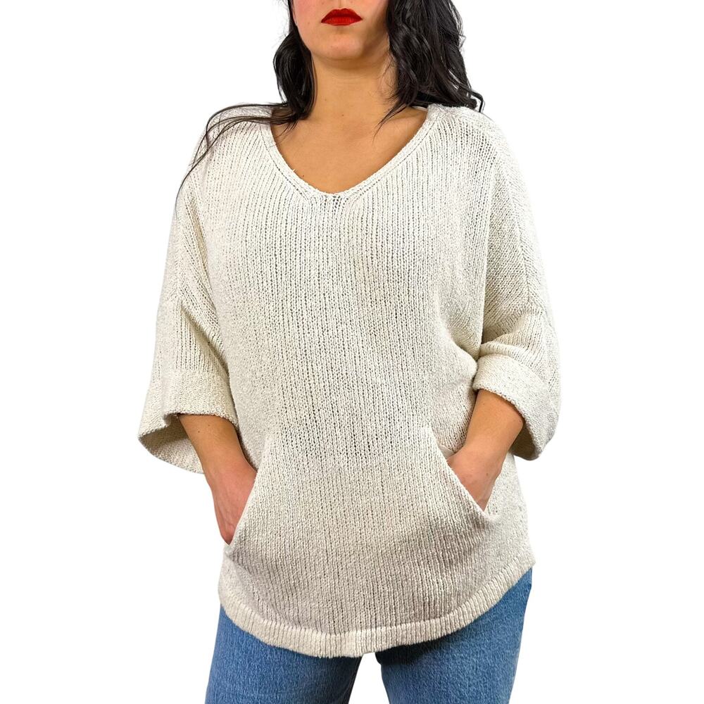 Free People Cream Oversized V-Neck Open Knit Front Pocket Sweater